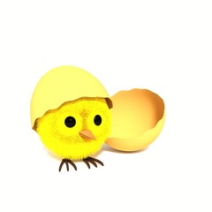 Easter chicken in an eggshell. Creative 3D illustration in cartoon style.