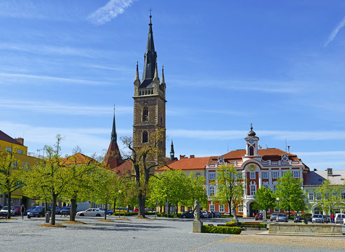 Caslav, The main square, Church of St. Peter and Paul and town hall on April 17, 2014. Town was founded in 1264. Historic core of the city is a protected urban area
