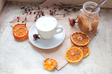 Coffee with a dairy skin on a tray selective focus