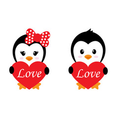 cartoon cute penguin set with heart and text