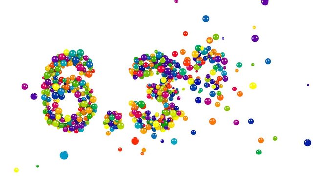 Funny digits of six point two percent number of colored 3D marbles isolated on white