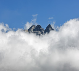 View of himalayan peaks in mist from Thame - Nepal
