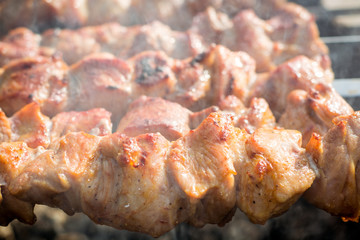 Pork shish kebab on skewers roasted on grill