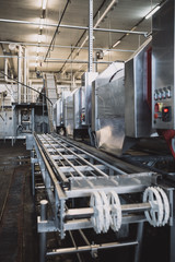 Industrial machinery interiors. Huge production hall of factory for freezing, selecting and keeping deep frozen food.