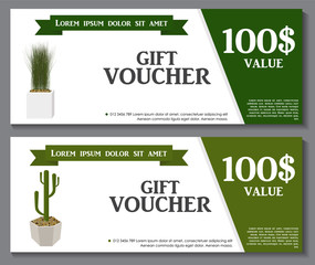 Gift Voucher Template with Green Plant in flowerpot. Discount Co