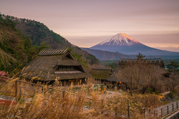Old Japanese style house and Mt. Fuji  at sunset