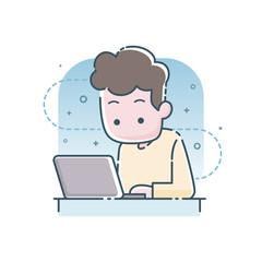 Young man sitting and working on laptop computer, Freelance work, home office.