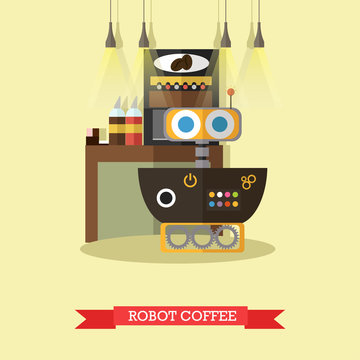 Vector illustration of robot coffee, flat design