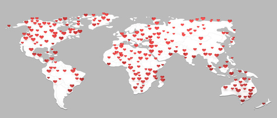 Obraz premium world map with many heart symbol 3d rendering