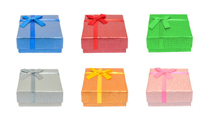 Front view of various shiny colorful blue, red, green, silver, g