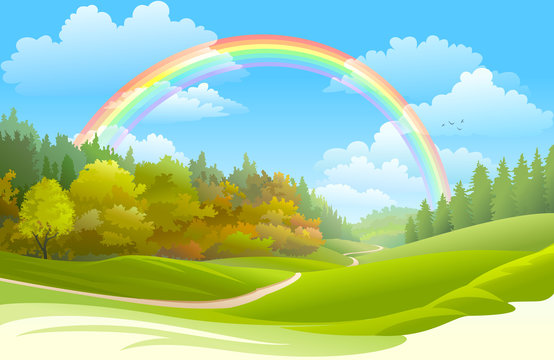 Rainbow over a beautiful forest in spring.