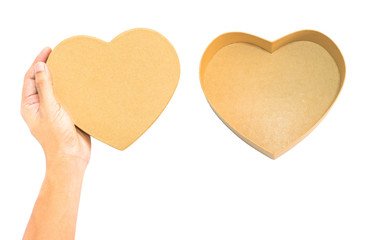 Hand hold Brown Heart paper box lid and empty opened heart box,