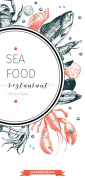 Vector set for seafood restaurant branding. Flyer with round frame and sketched icons. Hand drawn vintage elements.