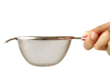 Stainless Mesh Strainer Hand Holding on white background