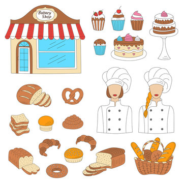 Bakery collection, hand drawn doodle style vector illustration