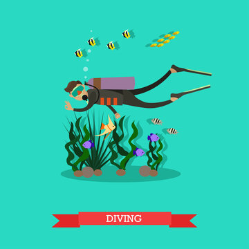 Vector illustration of diver swimming underwater in flat style.