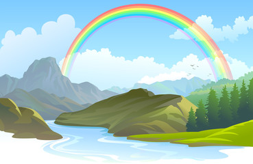 Rainbow over a landscape and a river flowing through a canyon