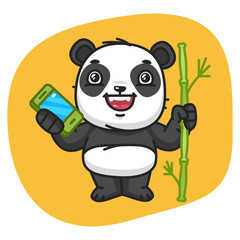 Panda Holds Bamboo and Phone