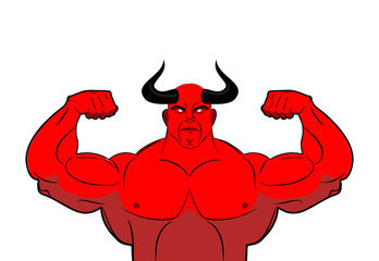 Strong demon with horns. Powerful red devil. Satan bodybuilder