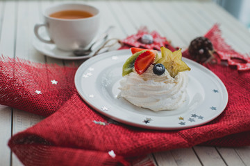 Beautiful white dessert on a red napkin