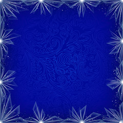 Fototapeta na wymiar Square abstract background with triangle crystal flowers and openwork ornament. Dark blue color. Vector illustration.