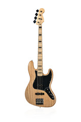 Wooden electric bass with a black plate standing vertically isolated on white background