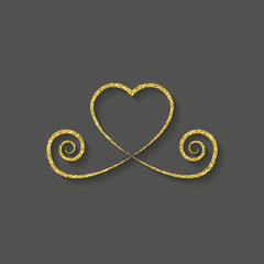 decorative gold heart icon. glitter logo, love symbol with a shadow on a black background. use in decoration, design, emblem. vector illustration.