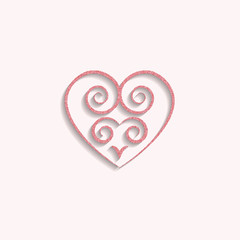 heart in pink gold with a decorative pattern icon. glitter logo, a symbol of love with a shadow on a white background. use in decoration, design, emblem. vector illustration.