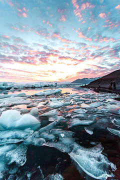 Icy sea at sunset 