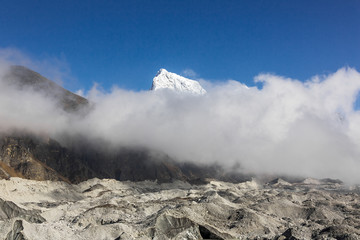 Mountain landscape with Gokyo glacier and snow-capped peaks on background - Nepal, Himalayas