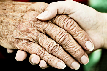 Fototapeta premium Hand einer Seniorin wird von der Hand einer jungen Frau gehalten