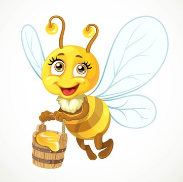 Cute bee flies with wooden bucket full of honey isolated on a wh
