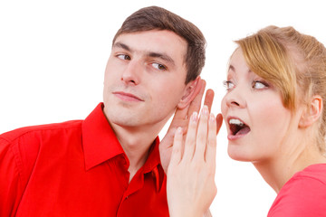 Woman telling man some secrets, couple talking