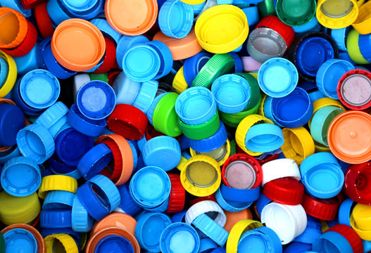 collection of many plastic caps for recycling