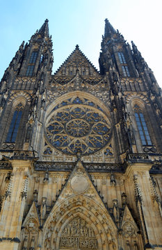 impressive facade of the Gothic cathedral of St. Vitus in Prague