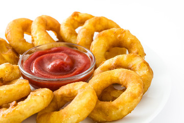 Fried calamari rings with and ketchup isolated on white background
