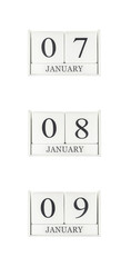 Closeup group of white wooden calendar with black 7 , 8 , 9 january word , three date calendar isolated on white background
