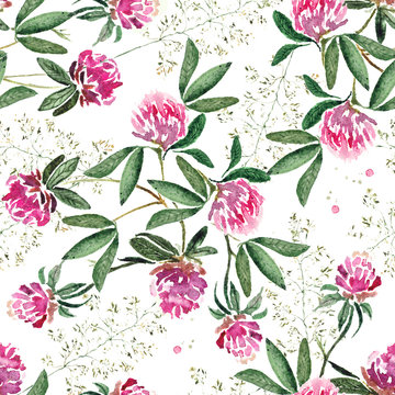 Delicate seamless spring pattern with flowers of clover and greens. Original watercolor painting.