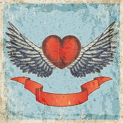 Hand drawn vector colored sketch illustration - creative vintage valentines day love card design, heart with banner and wings, grunge paper blue background.