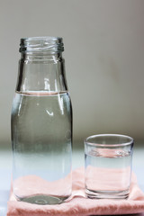 Drinking water in glass and bottle on the floor.
