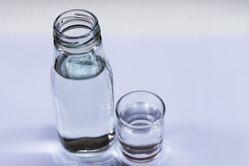 Drinking water in glass and bottle on the floor.