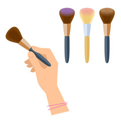 Women's hand with cosmetic product: eyeshadow brush. Flat illustration of female hand with cosmetical accessories. Vector isolated on white background fasion and makeup design elements.