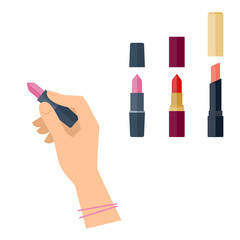 Women's hand with cosmetic product: lipstick. Flat illustration of female hand with cosmetical accessories. Vector isolated on white background fasion and makeup design elements.