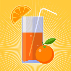 Healthy and fresh food: an orange and glass of juice. Natural eating and drinking flat concept illustration of fruit and beverage. Vector design elements for healthcare, diet infographic, presentation