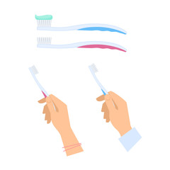 Human hands with toothbrushes and toothpaste on the brush. Flat illustration of male and female hands with tooth clean, hygiene, health care tools. Vector isolated on white background design elements.