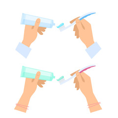 Human hands with toothbrushes, toothpaste tube and on the brush. Flat illustration of male and female hands with mouth clean, hygiene, tooth health and care tools. Vector isolated design elements.