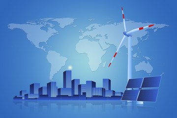 Fototapeta na wymiar Renewable green energy, wind & sun energy with city background