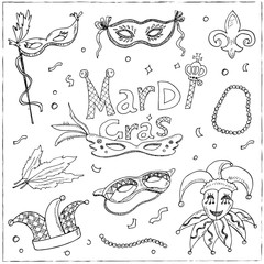 Mardi Gras traditional symbols collection. Carnival masks, party decorations.