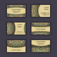 Vector vintage visiting card set. Floral mandala pattern and ornaments. Oriental design Layout. Islam, Arabic, Indian, ottoman motifs.