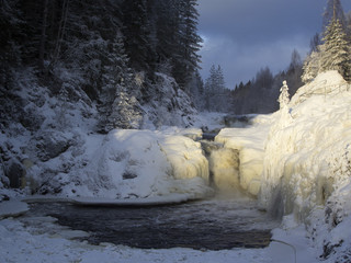 Kivach waterfall in the winter, Karelia, Northern Russia.